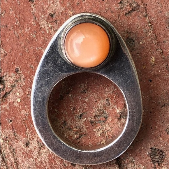 Vintage 80s Peach Moonstone & Sterling Silver Modernist Ring Signed HR Size 5 - Picture 9 of 9